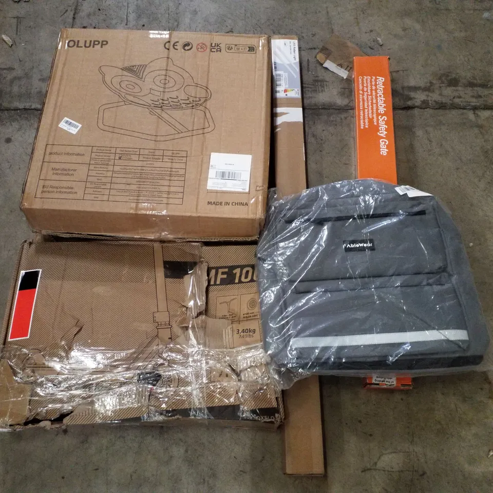 PALLET CONTAINING ASSORTED PRODUCTS INCLUDING RETRACTABLE SAFETY GATE, MOBILITY SCOOTER BAG, LED BATTEN LIGHTS, SCOOTER & OWL SWIVEL CHAIR