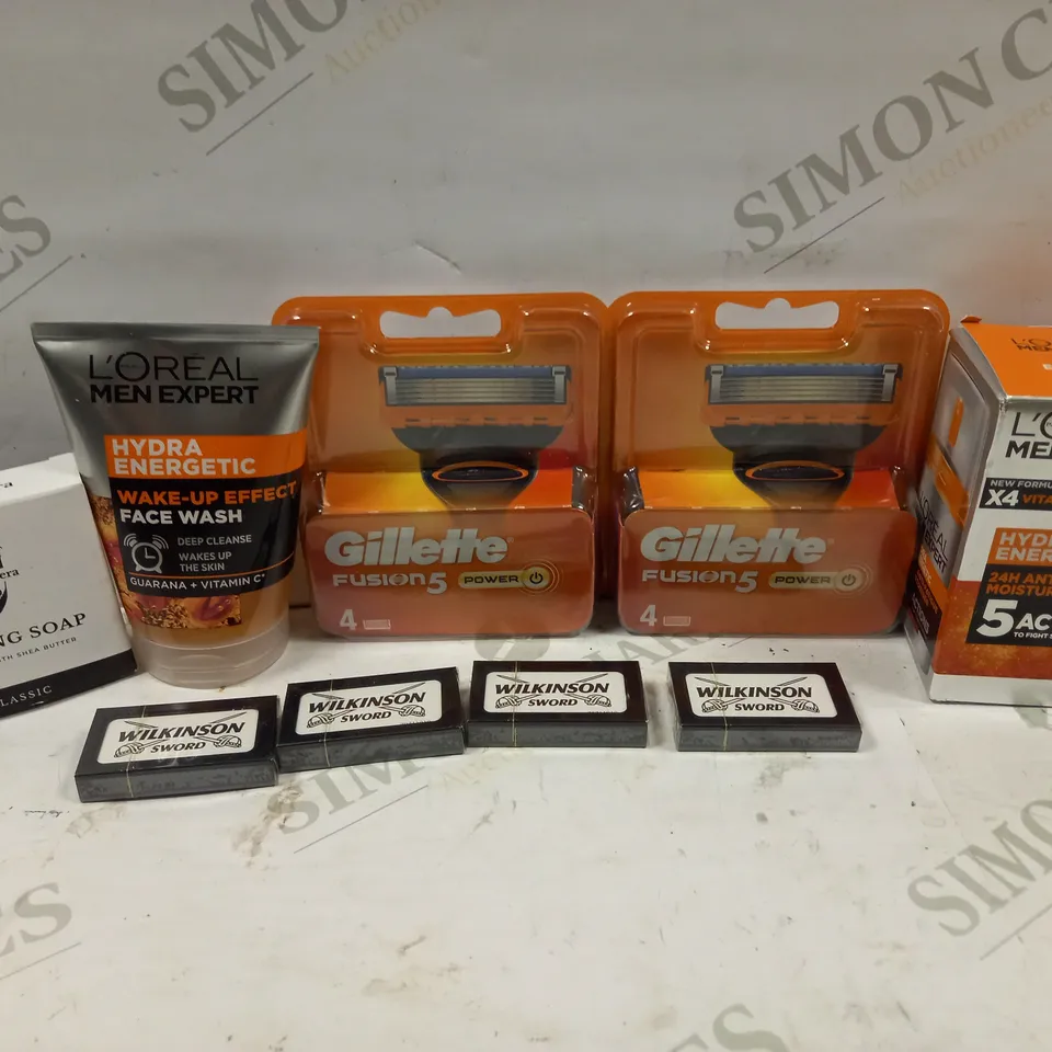 LOT TO CONTAIN 9 X MENS GROOMING AND FACIAL CARE PRODUCTS, INCLUDES BLADES, SOAP AND FACIAL CREAMS 