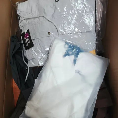 LARGE BOX OF APPROXIMATELY 25 ASSORTED CLOTHING ITEMS IN VARIOUS COLOURS, STYLES AND SIZES - COLLECTION ONLY