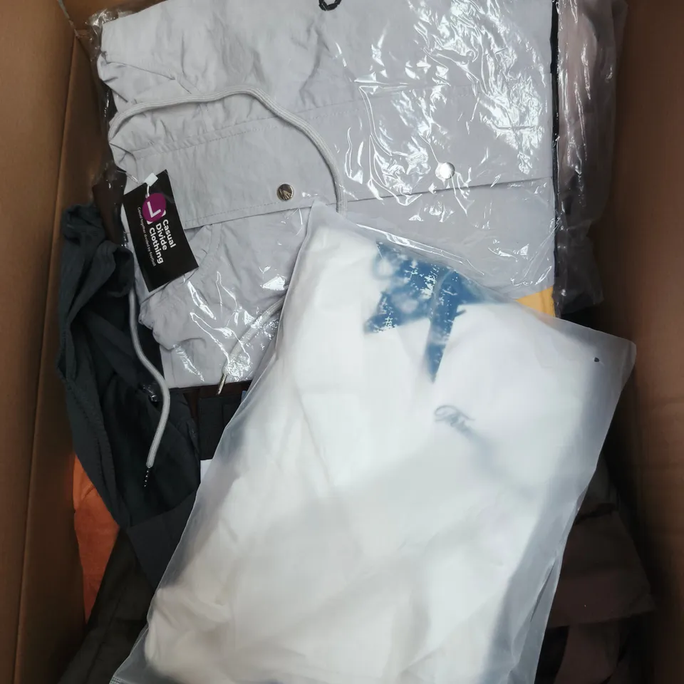 LARGE BOX OF APPROXIMATELY 25 ASSORTED CLOTHING ITEMS IN VARIOUS COLOURS, STYLES AND SIZES - COLLECTION ONLY