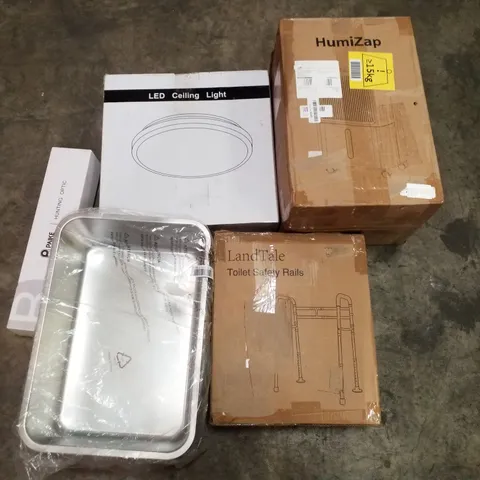 PALLET OF ASSORTED PRODUCTS INCLUDING LED CEILING LIGHT, HUNTING OPTIC, TOILET SAFETY RAILS, DEHUMIDIFIER, STAINLESS STEEL TUB