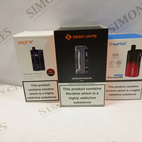 LOT OF APPROXIMATELY 28 E-CIGARETTES AND LIQUIDS TO INCLUDE FREEMAZ AUTOPOD50 MOD KIT, GEEKVAPE MAX100, ASPIRE NAITILUS PRIME X, ETC