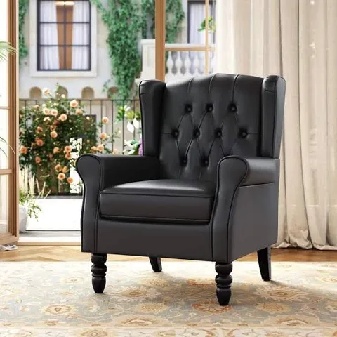 BOXED MODERN BLACK PU LEATHER UPHOLSTERED BUTTON HIGH BACK ACCENT ARM CHAIR WITH WOOD LEGS