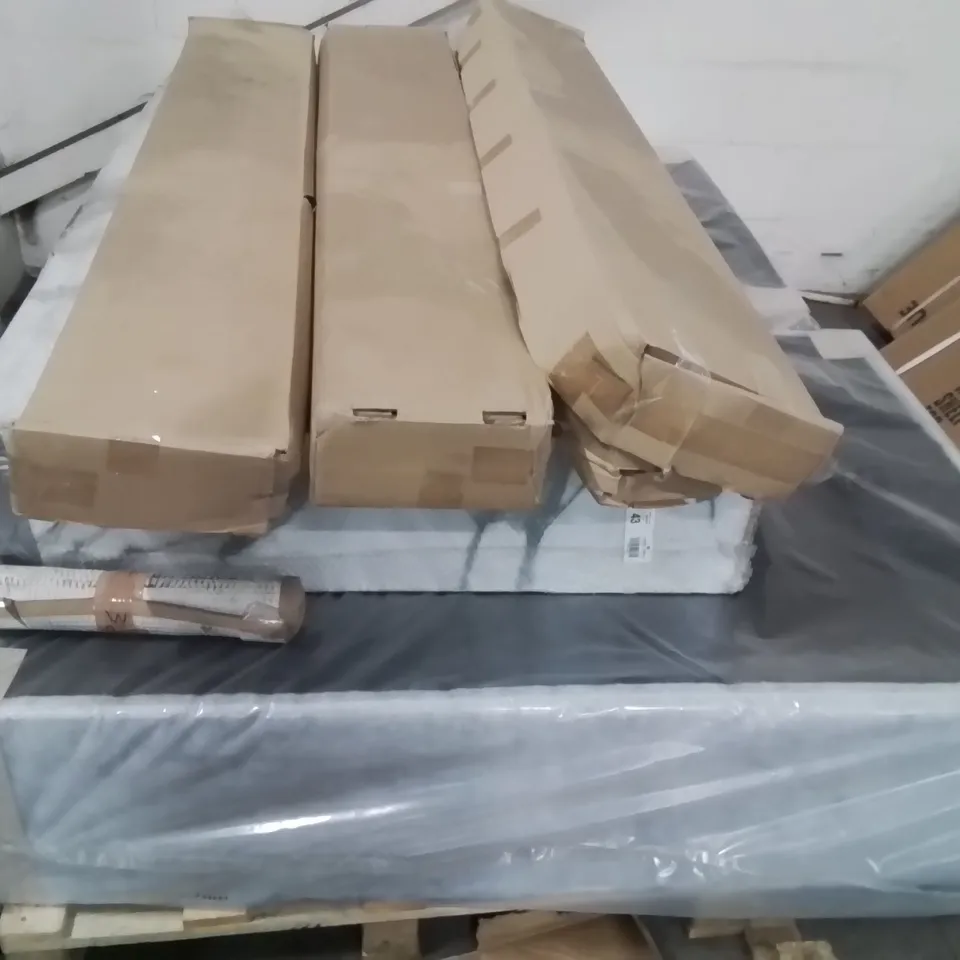 PALLET OF ASSORTED PRODUCTS TO INCLUDE; 150CM DIVAN BED BASE, EMMA BED PARTS AND SMALL MATT