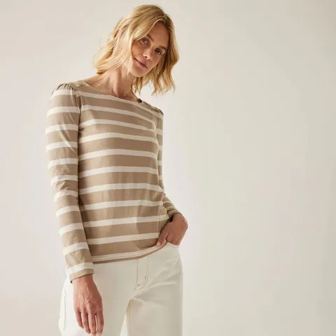 REGATTA WOMENS FEDERICA STRIPED LONG SLEEVE T-SHIRT BARLEY CORN / VANILLA  - UK SIZE 8