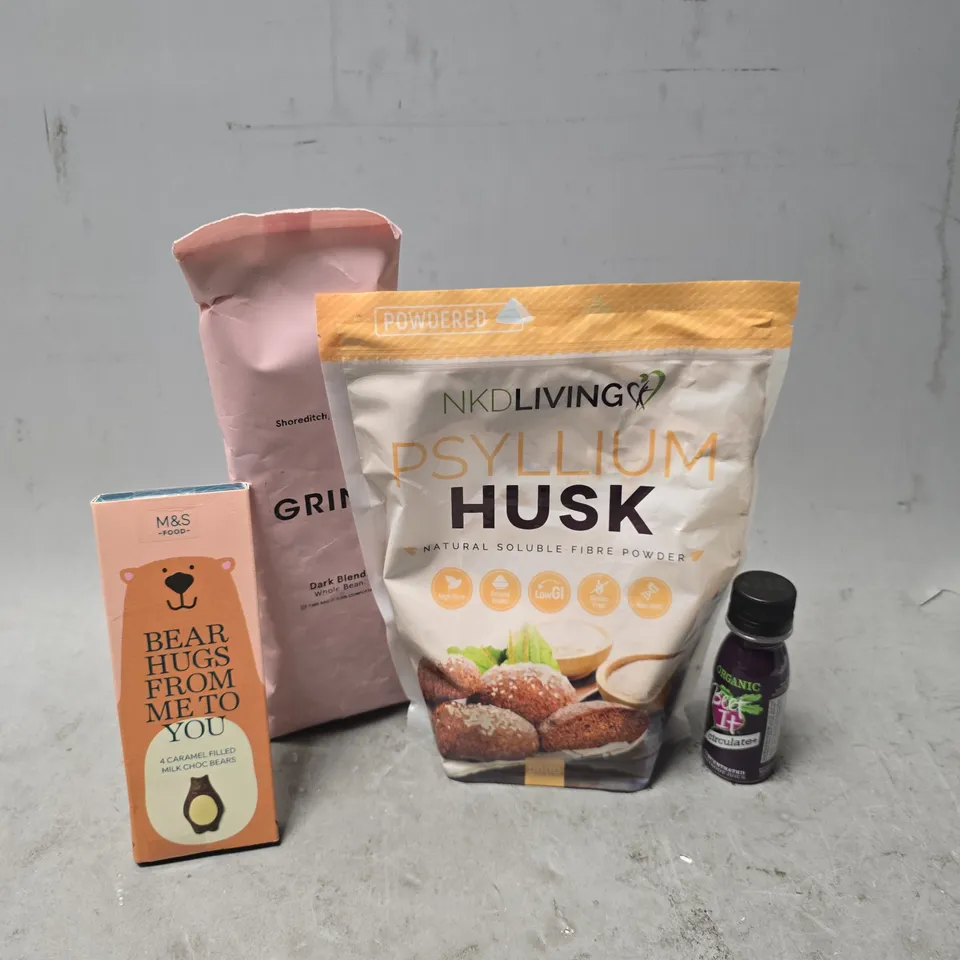 APPROXIMATELY 7 ASSORTED FOOD ITEMS TO INCLUDE - M&S BEAR HUGS FROM ME TO YOU CHOCOLATE , HUSK , GRIND DARK BLEND ETC
