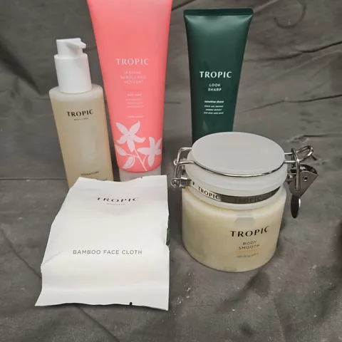 TROPIC SKINCARE LOT OF 5 ASSORTED COSMETIC PRODUCTS TO INCLUDE - BODY SMOOTH POLISH - LOOK SHARP SENSITIVE SHAVE - BODY WASH - ETC