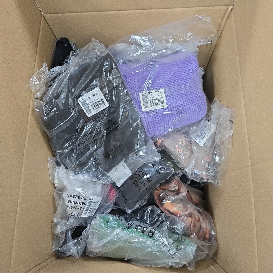BOX OF APPROXIMATELY 20 ASSORTED CLOTHING ITEMS TO INCLUDE BLOUSE, DARK DENIM JEANS, LAVENDER SWEATER ETC
