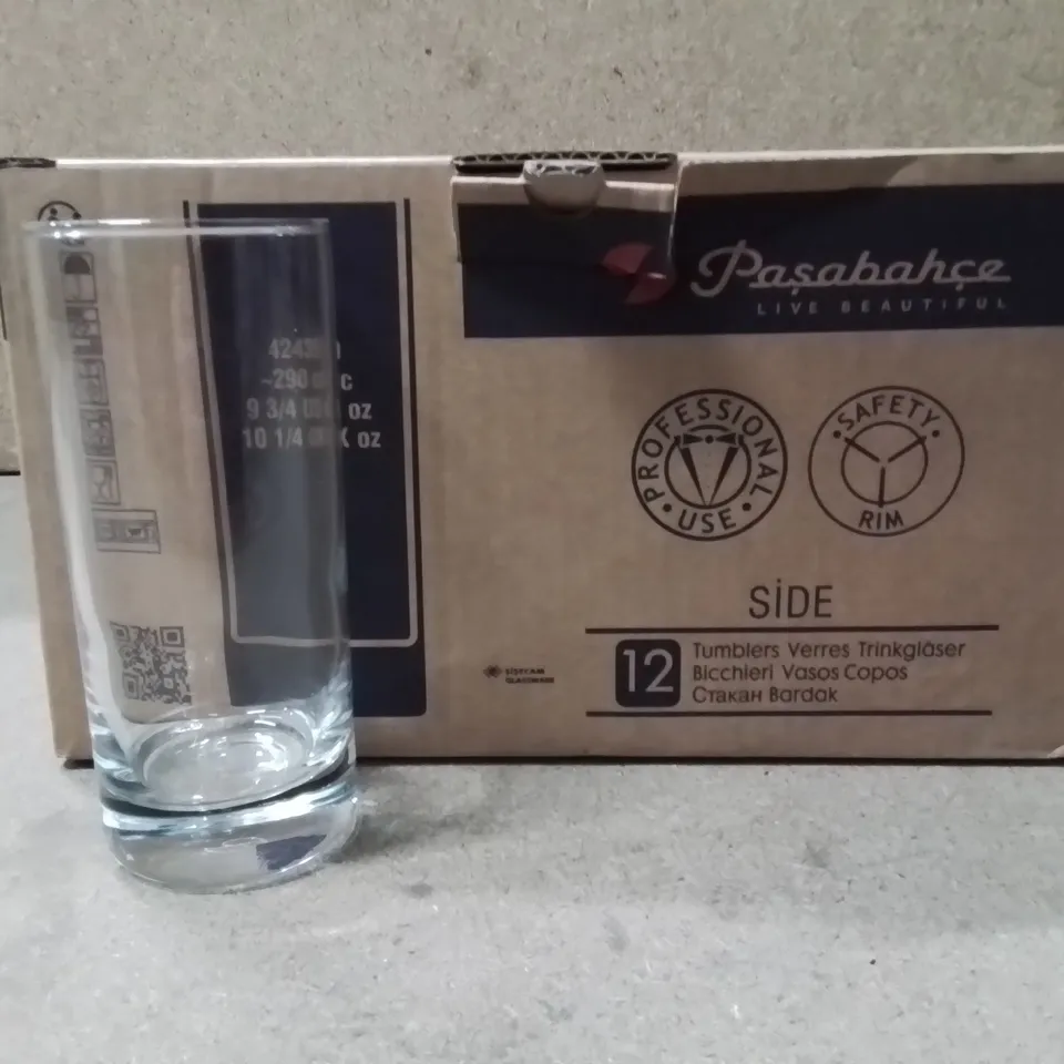 BOXED PASABAHCE HI BALL GLASSES APPROXIMATELY 12
