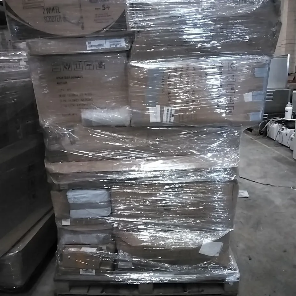 PALLET OF HOUSEHOLD ITEMS TO INCLUDE SLEEPER SOFA BED, 2 WHEEL SCOOTER AND OTHER ASSORTED ITEMS...