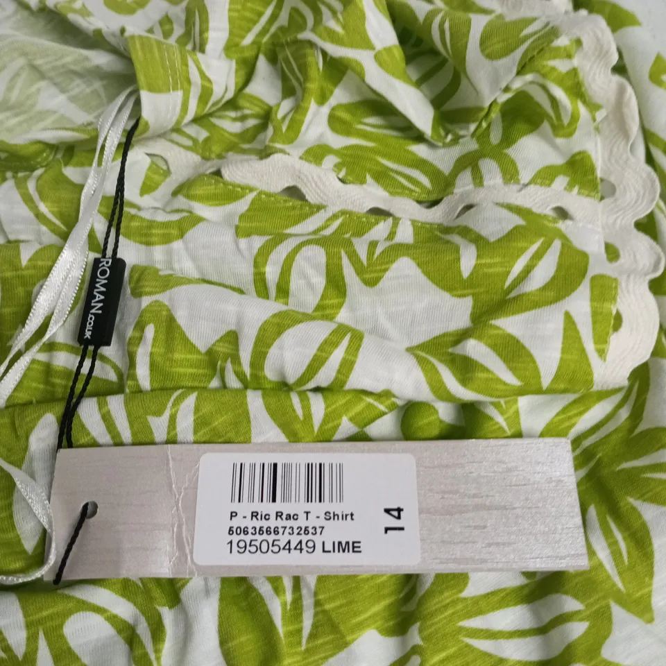ROMAN LIME GREEN RIC RAC LEAF PRINT T-SHIRT (UK 14)