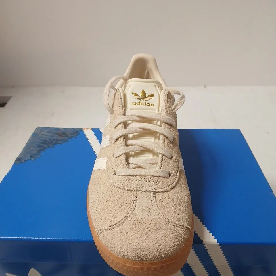 BOXED PAIR OFADIDAS GAZELLE J SNEAKERS - BEIGE SUEDE - UK 5.5
