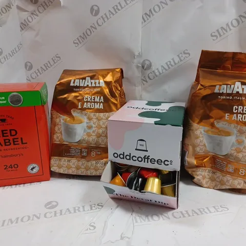 LOT OF APPROXMATELY 4 ITEMS TO INCLUDE 2 LAVAZZA CREMA E AROMA COFFEE BEANS (1000g), ODD COFFFE THE DECAF DIP CAPSULES, RED LABEL 240 TEABAGS