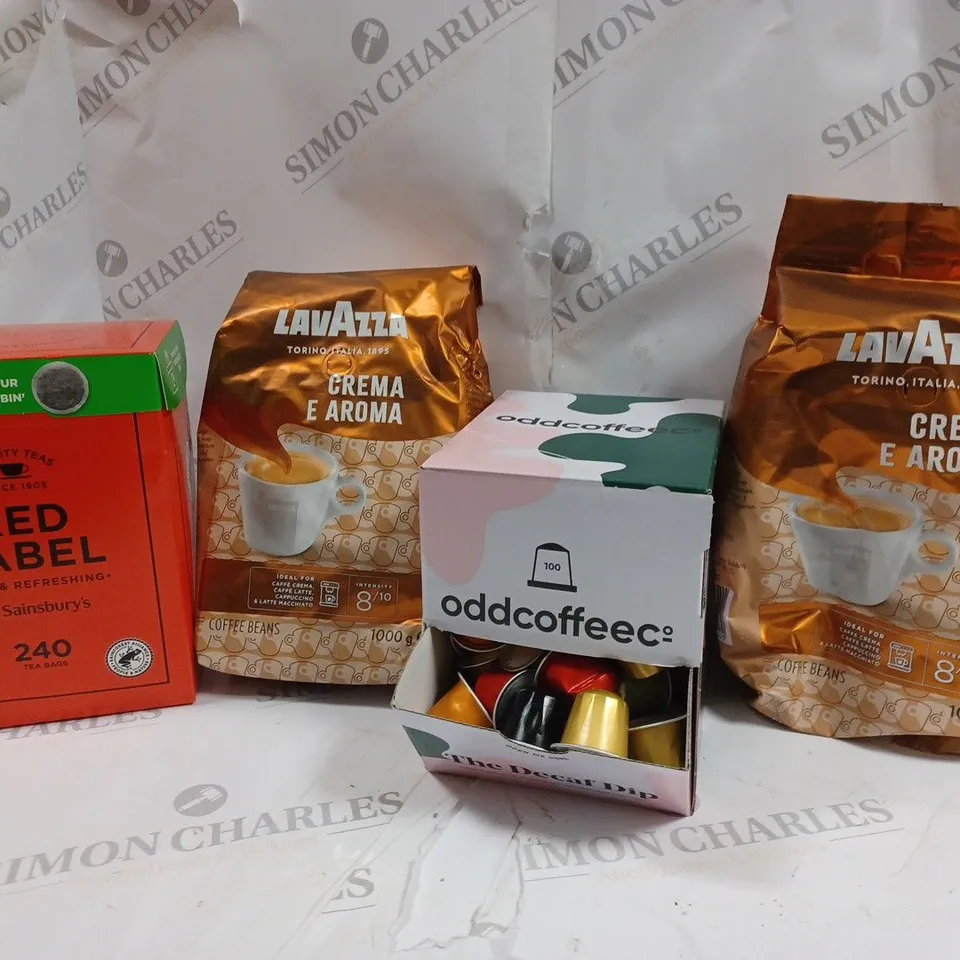LOT OF APPROXMATELY 4 ITEMS TO INCLUDE 2 LAVAZZA CREMA E AROMA COFFEE BEANS (1000g), ODD COFFFE THE DECAF DIP CAPSULES, RED LABEL 240 TEABAGS
