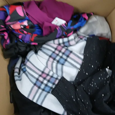 LARGE BOX OF ASSORTED CLOTHING ITEMS IN VARIOUS COLORS, STYLES AND SIZES