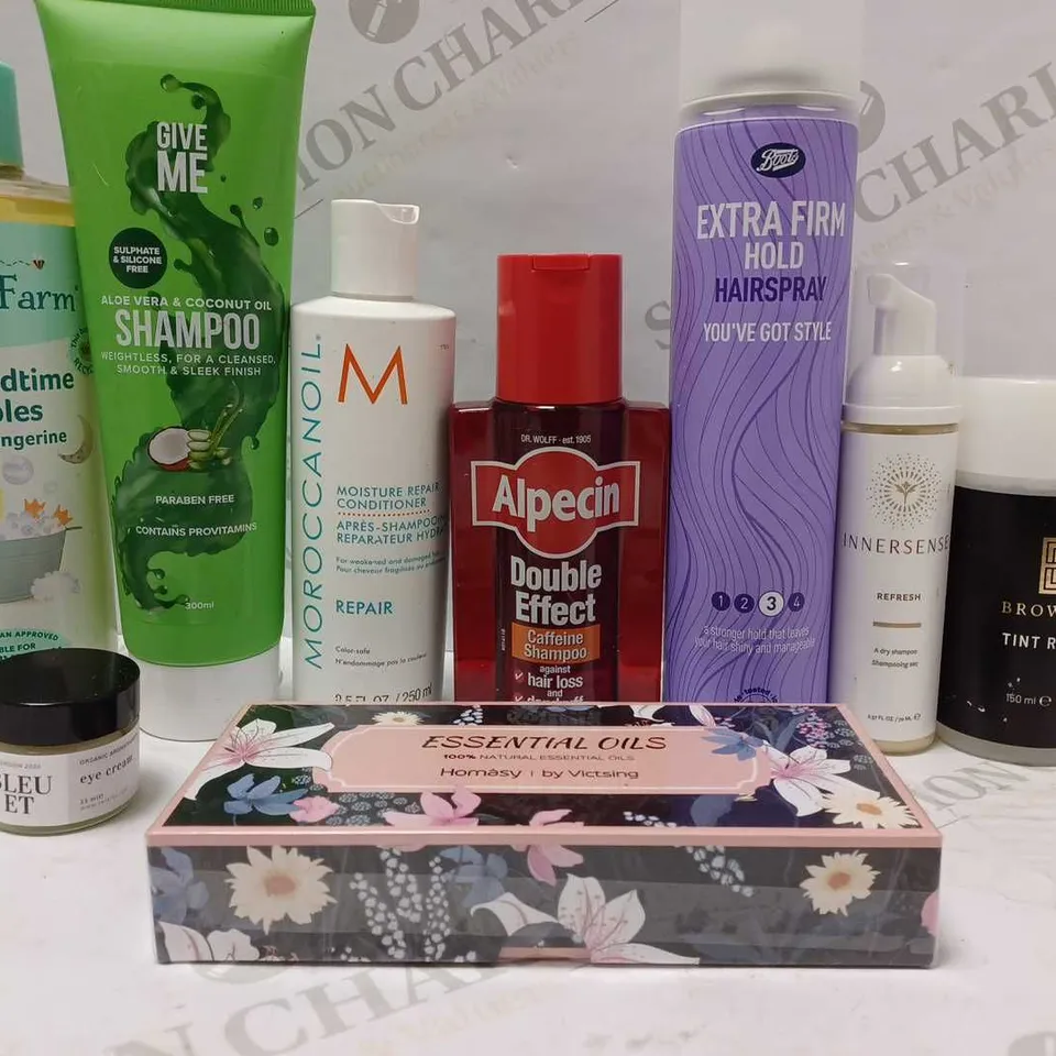 LOT OF APPROX 10 ASSORTED BEAUTY PRODUCTS TO INCLUDE MOROCCANOIL CONDITIONER, INNERSENSE DRY SHAMPOO, BROW CODE TINT REMOVER, ETC 