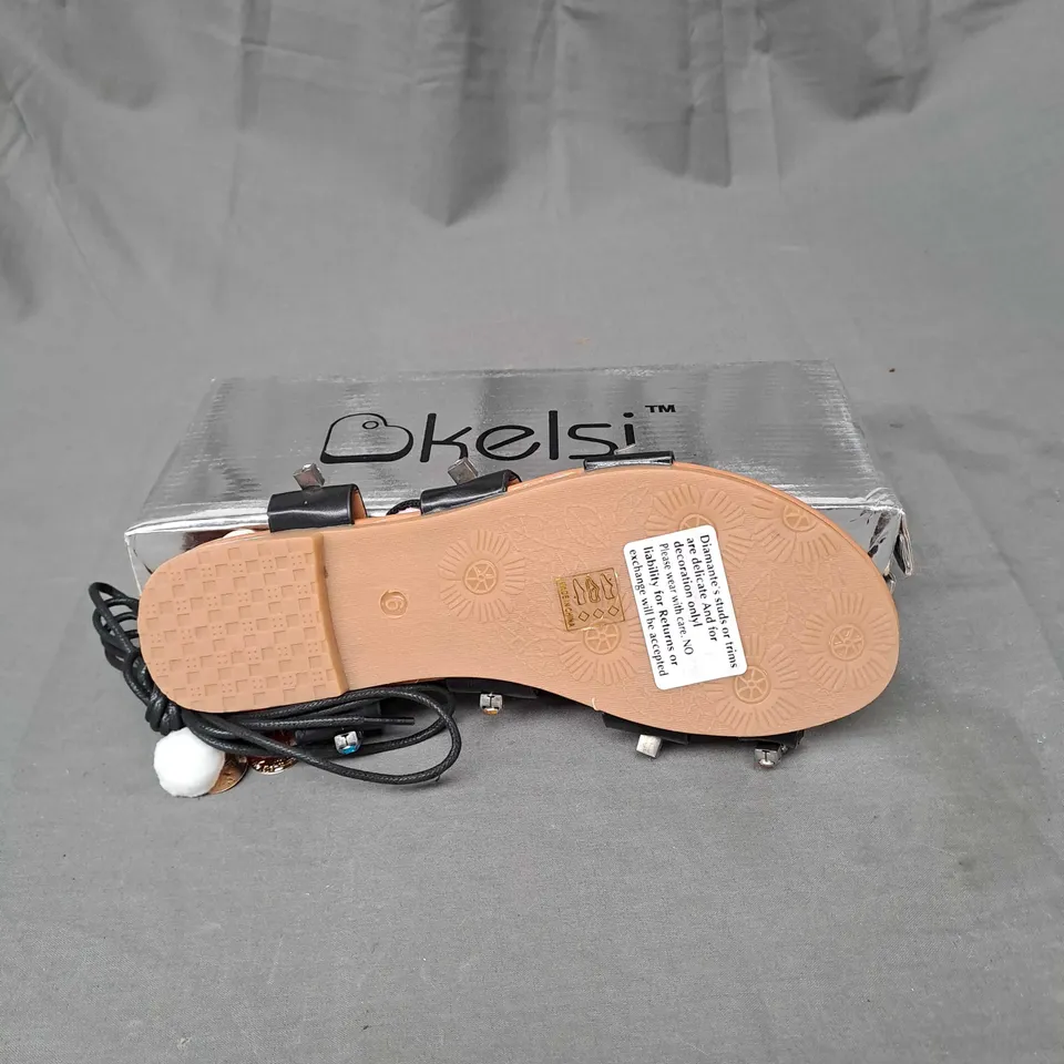 BOX OF APPROXIMATELY 12 PAIRS OF KELSHI EMBELLISHED SANDALS IN BLACK - VARIOUS SIZES 
