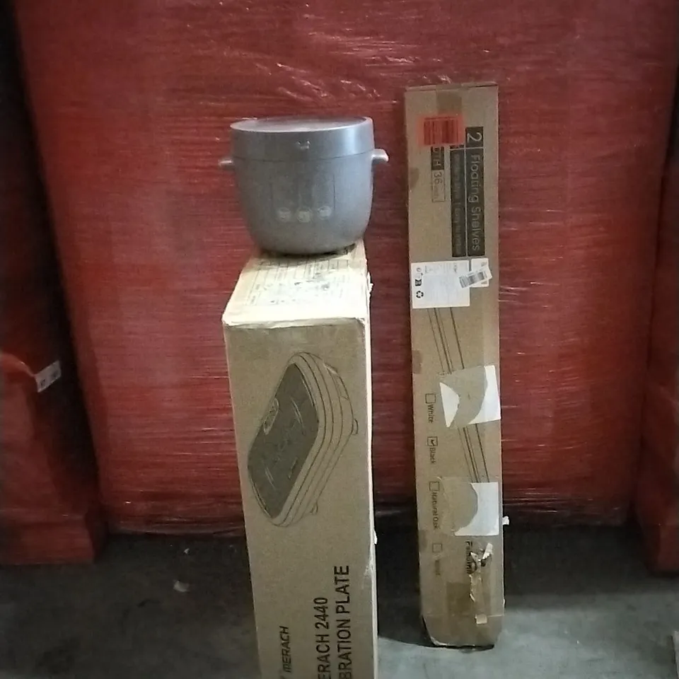 PALLET OF ASSORTED PRODUCTS AND HOUSEHOLD GOODS TO INCLUDE;VIBRATION PLATE,FLOATING SHELVES,RICE COOKER