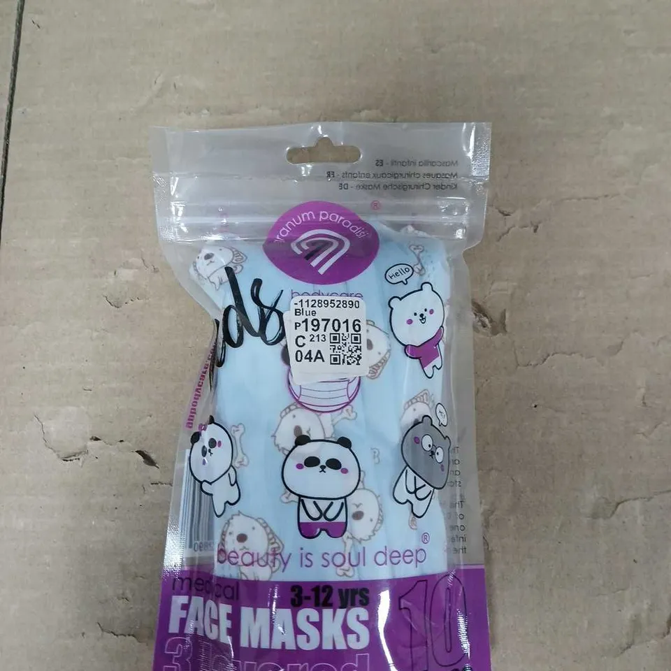 BOX OF APPROXIMATELY 25 PACKS OF KIDS MEDICAL 3 LAYERED FACE MASKS - BLUE ANIMALS - AGE 3-12 YEARS