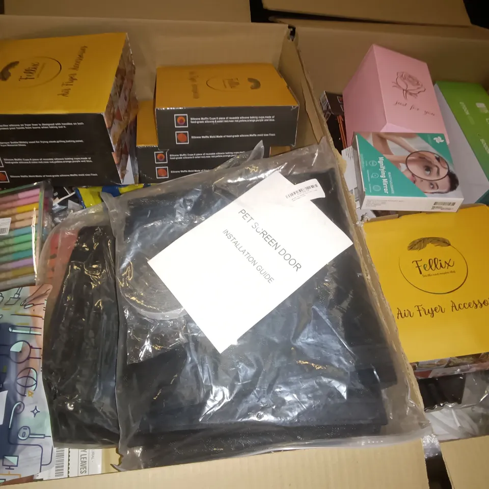 PALLET OF ASSORTED ITEMS TO INCLUDE PET SCREEN DOORS, ACRYLIC MARKERS AND MAGNIFYING MIRRORS