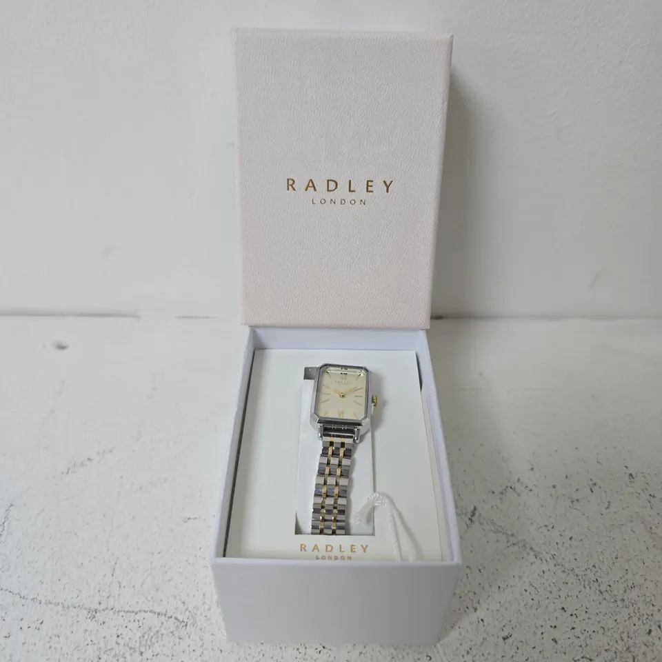 BOXED RADLEY TWO TONE GOLD PLATED STAINLESS STEEL BRACELET WATCH