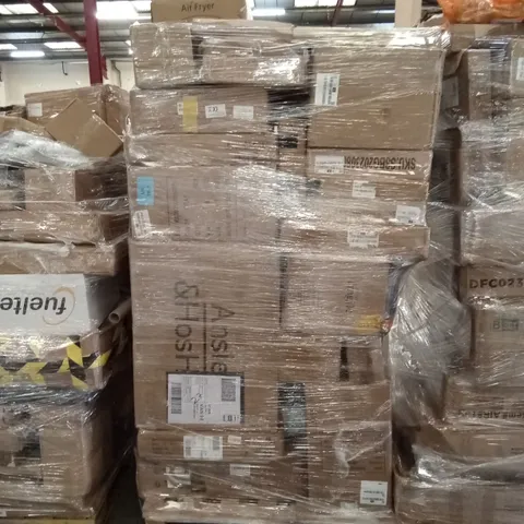 PALLET OF ASSORTED HOUSEHOLD GOODS AND PRODUCTS TO INCLUDE; SAUCE PANS, FLATPACK FURNITURE, ELECTRIC KETTLE ETC