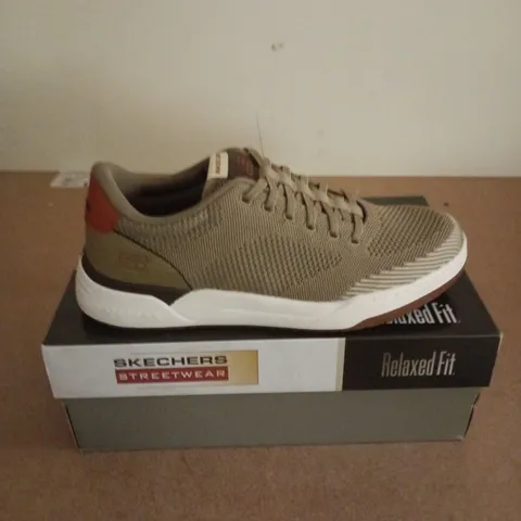 BOXED PAIR OF SKECHERS CORLISS DORSET TRAINERS IN TAUPE - UK 8