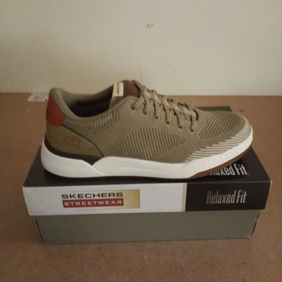 BOXED PAIR OF SKECHERS CORLISS DORSET TRAINERS IN TAUPE - UK 8