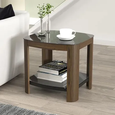 BOXED AFFINITY REAL CURVED SIDE TABLE, WOOD - WALNUT/BLACK GLASS (1 BOX)
