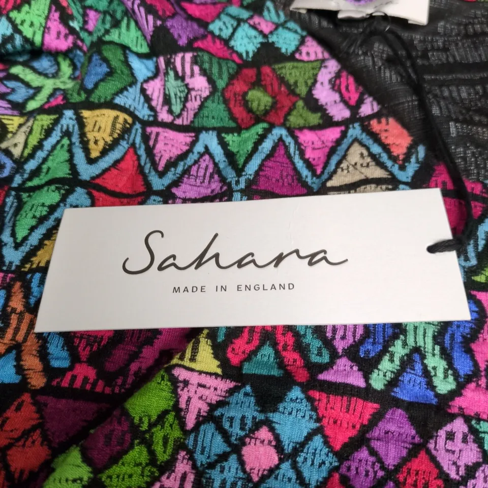 SAHARA MULTI COLOUR/PATTERN PERUVIAN PATCHWORK JERSEY BUBBLE DRESS SLEEVES, SIZE 2.