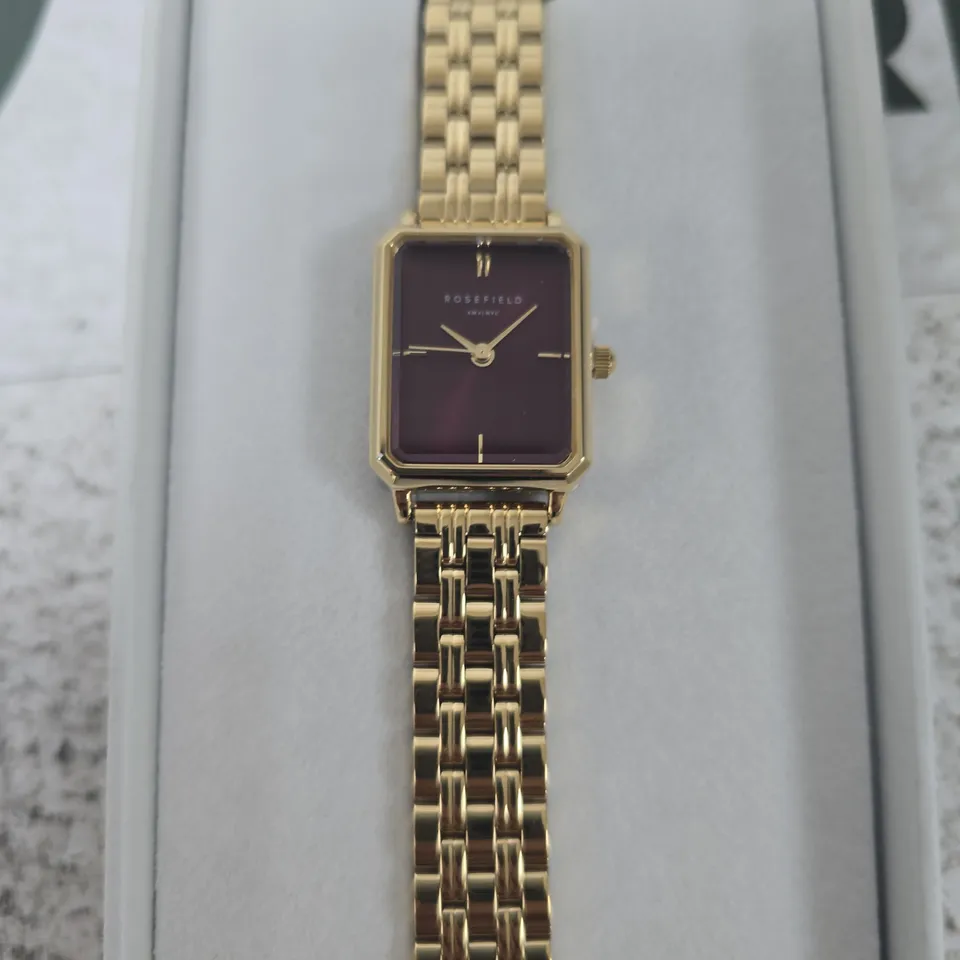 ROSEFIELD GOLD-TONE WATCH WITH BURGUNDY DIAL – BOXED