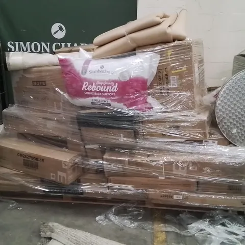 PALLET OF ASSORTED HOUSEHOLD GOODS AND PRODUCTS TO INCLUDE;AREA RUG,PILLOWS,DINING TABLE