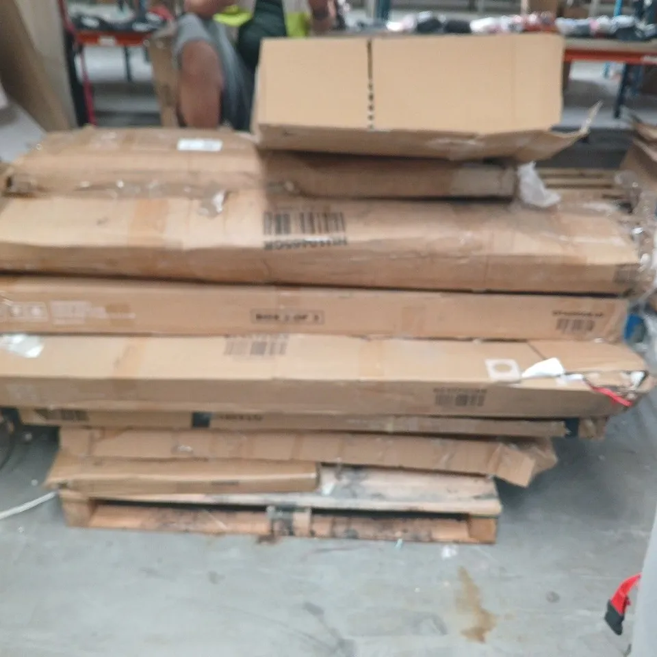 CAGE AND PALLET OF ASSORTED HOUSEHOLD ITEMS TO INCLUDE; CHRISTMAS DECORATIONS, WALL LIGHT COAT RACK/S, PALLET OF ASSORTED FURNITURE AND PARTS.