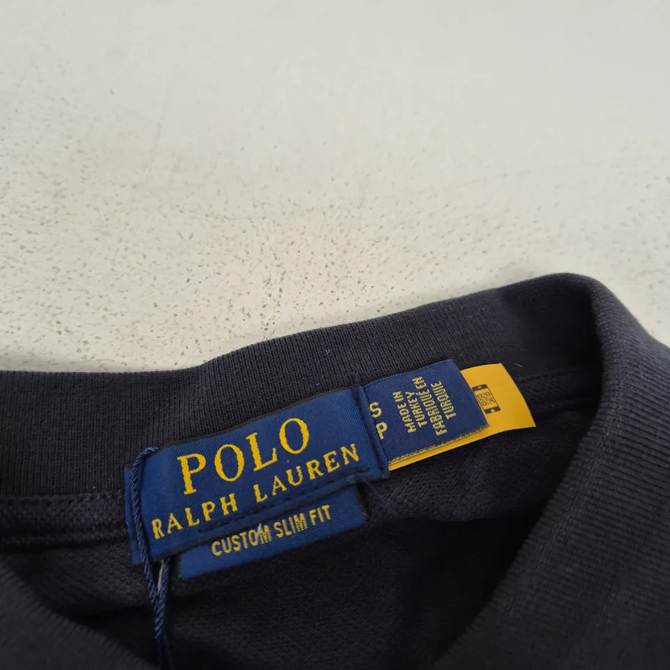 POLO RALPH LAUREN POLO SHIRT – NAVY WITH YELLOW SLEEVES, CUSTOM SLIM FIT, UK S (BACK '3' DESIGN)