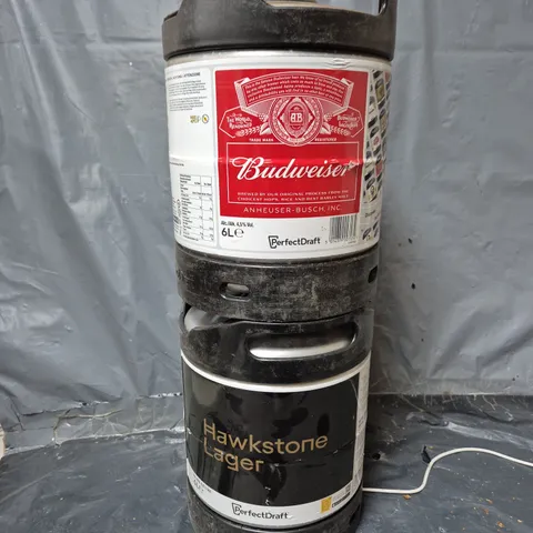 2 EMPTY BUDWEISER AND HAWKSTONE LARGER 6L KEGS	