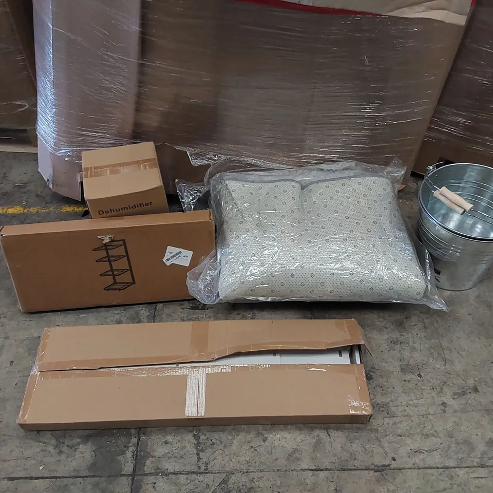 PALLET OF ASSORTED ITEMS INCLUDING: DEHUMIDIFIER, LARGE RUG, STORAGE RACK, METAL BUCKETS, BATHROOM CABINET 