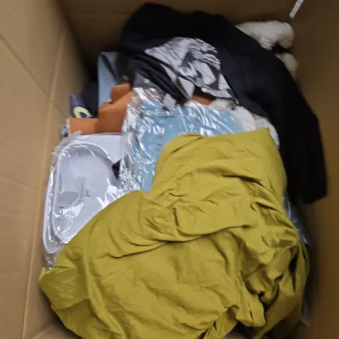 LARGE BOX OF ASSORTED CLOTHING ITEMS IN VARIOUS SIZES, STYLES AND COLOUR 