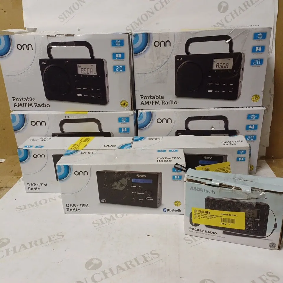 LOT OF 8 ASSORTED RADIOS TO INCLUDE ONN AND ASDATECH