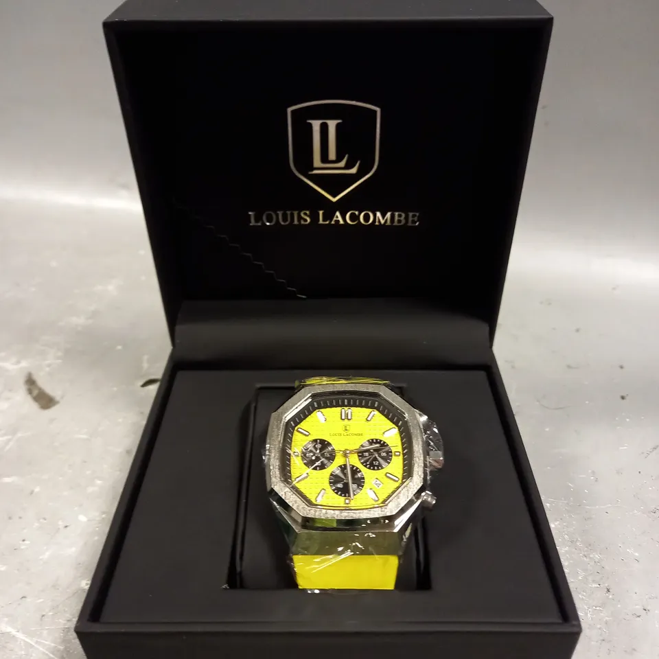 MENS LOUIS LACOMBE CHRONOGRAPH WATCH YELLOW DIAL & RUBBER STRAP