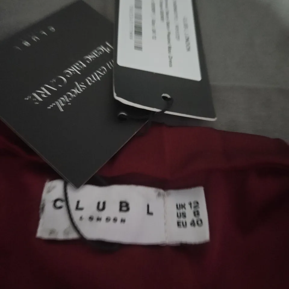 CLUB L LONDON BURGUNDY SATIN PLEATED EVENING DRESS – UK 12