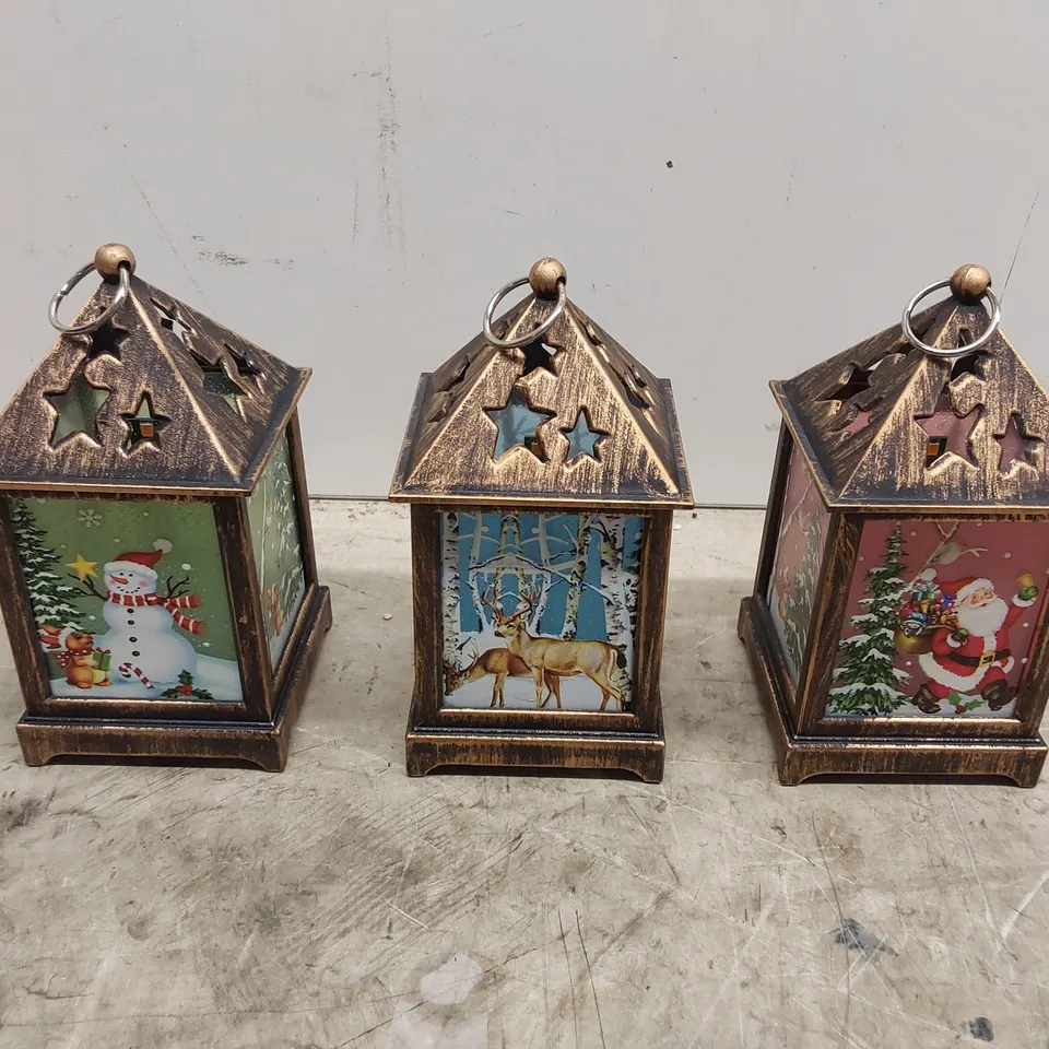 BOXED FESTIVE SET OF 3 MINIATURE PRE-LIT LANTERNS