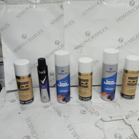 APPROXIMATELY 15 ASSORTED AEROSOLS TO INCLUDE SURE ACTIVE DRY, INSUPPA SPRAY ADHESIVE, AND HOOF SHINE ETC.
