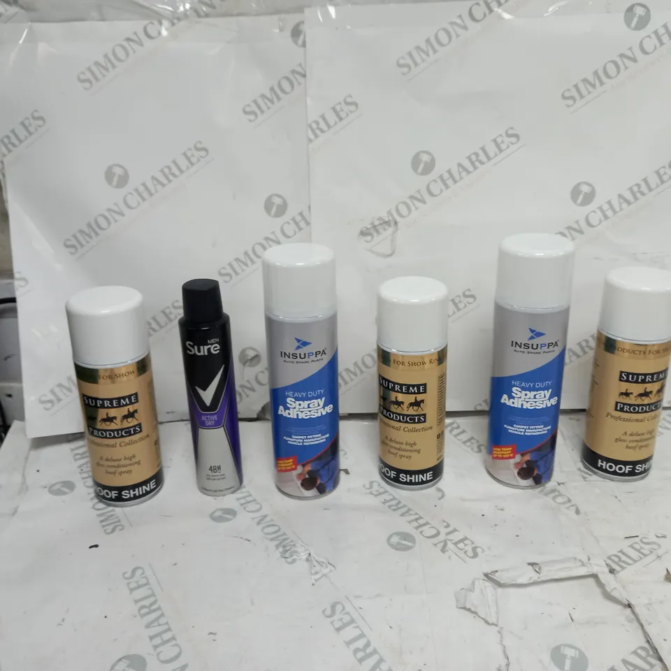 APPROXIMATELY 15 ASSORTED AEROSOLS TO INCLUDE SURE ACTIVE DRY, INSUPPA SPRAY ADHESIVE, AND HOOF SHINE ETC. 