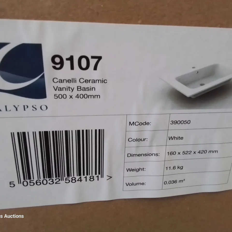 BOXED CANELLI CERAMIC SINGLE TAP VANITY BASIN WHITE 500 × 400mm