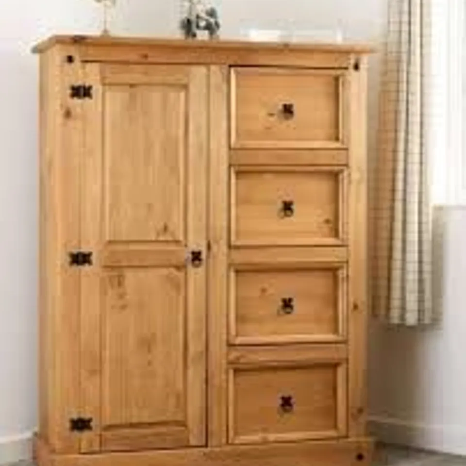 BOXED CORONA 1 DOOR 4 DRAWER LOW WARDROBE - DISTRESSED WAXED PINE (2 BOXES)