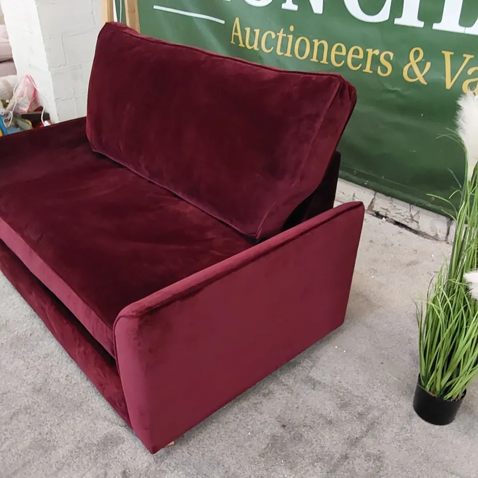 THE EDINGTON LOVE SEAT SOFA BED UPHOLSTERED IN BORDEAUX FABRIC