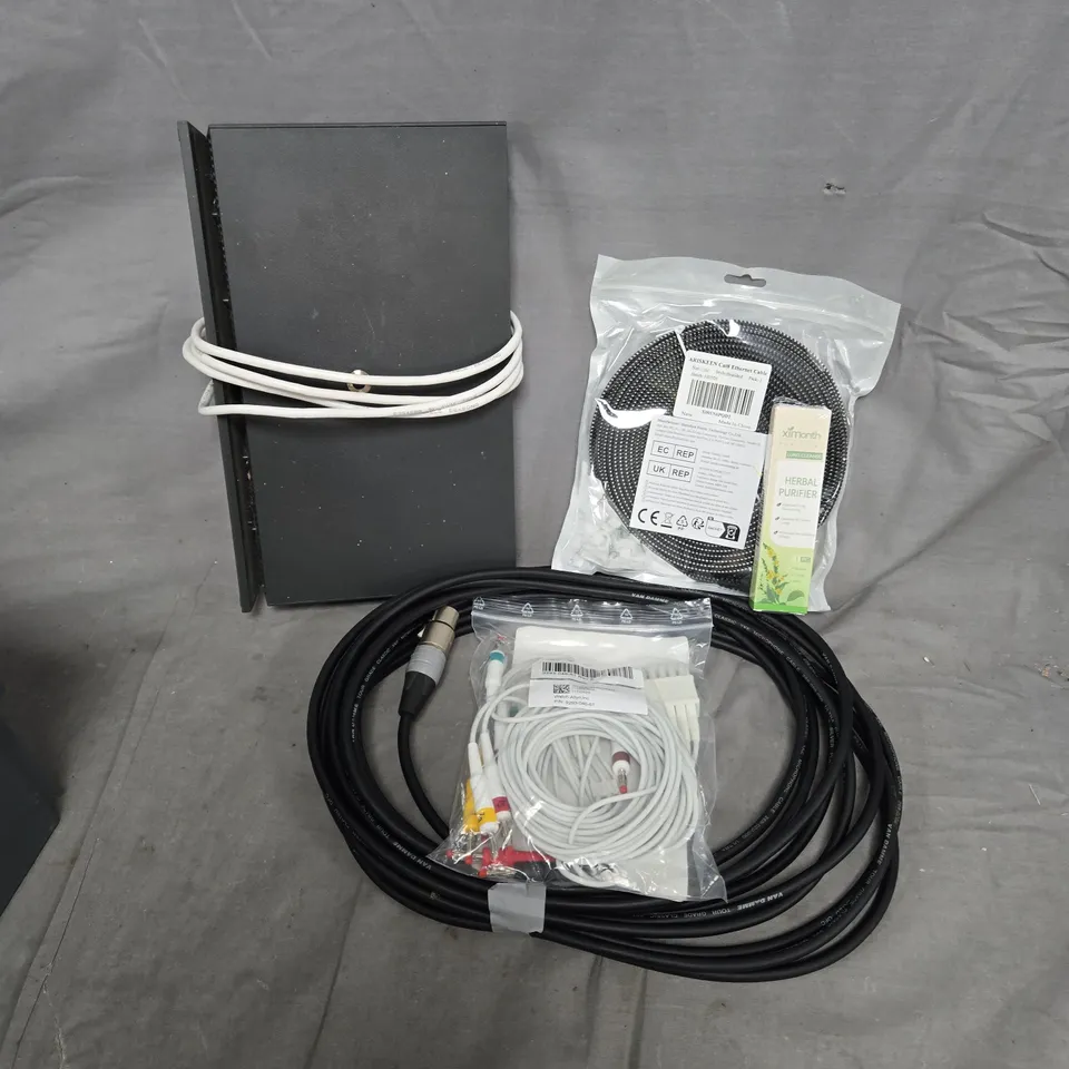 APPROXIMATELY 10 ASSORTED HOUSEHOLD ITEMS TO INCLUDE ETHERNET CABLE, ROUTER, HERBAL PURIFIER, ETC