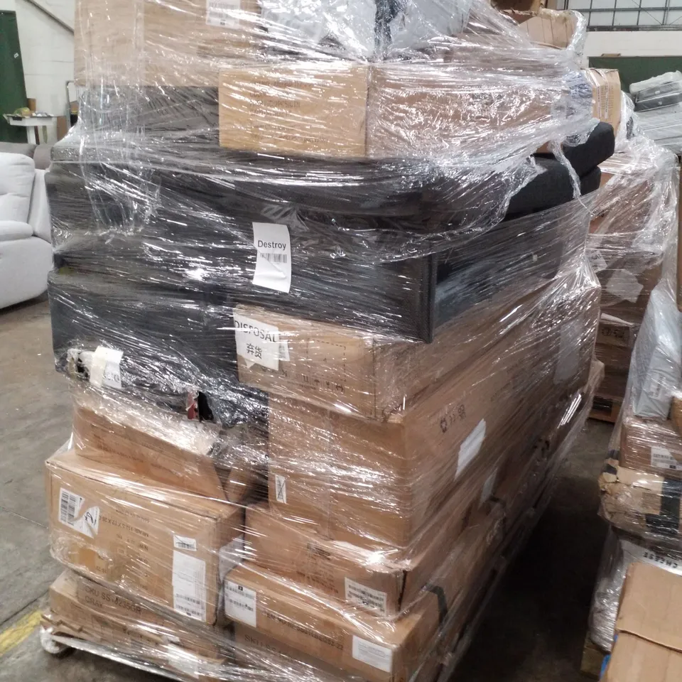 PALLET CONTAINING ASSORTED PRODUCTS INCLUDING RATTAN GARDEN FURNITURE, PERGOLA, ARTIFICIAL PLANT DECOR, ELECTRIC PIANO & STANDING DESK WITH STORAGE SHELF