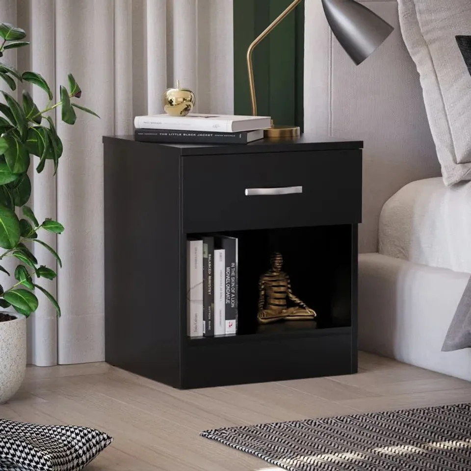 BOXED MAYBERY 1 DRAWER BEDSIDE TABLE WITH OPEN SHELF 