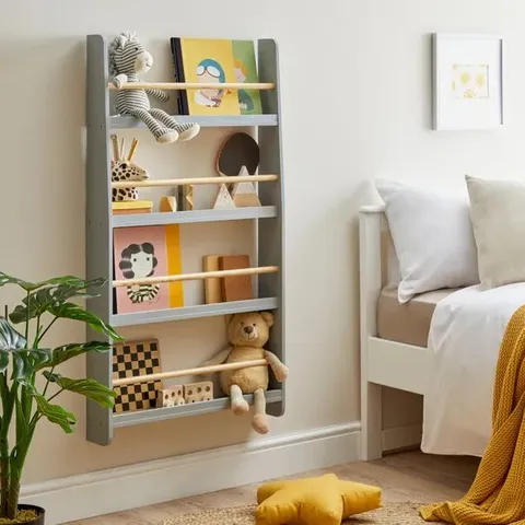 BOXED KIDS AMBER WALL MOUNTED BOOK SHELF - GREY (1 BOX)